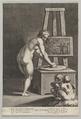 Pictura: allegory of painting, with a nude woman at center grinding pigments, two putti drawing at lower right, Cornelis Galle I  Netherlandish, Engraving; second state of two