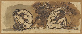 Two Studies of a Male Nude (Althaemenes) Hiding in a Bush, Nicolai Abraham Abildgaard Danish, Pen and brown ink, brown wash, over graphite