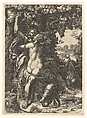 Angelica and Medoro; the couple embracing, Medoro carving their names in the bark of a tree; Cupid holding a torch in the background, Giorgio Ghisi Italian, Engraving
