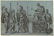 Roman Soldiers Before an Emperor, Giorgio Ghisi Italian, Engraving on blue paper