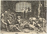 The Prison; a group of men in a dungeon bound in chains and shackles; to the right a figure hanging from his arms, tied to a boulder, Anonymous, Engraving