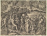 The Judgment of Paris; Paris seated on a rock choosing between the goddesses Venus, Juno, and Minerva, the god Mercury with a caduceus in between them, Giorgio Ghisi Italian, Engraving; third state of three (BLL)