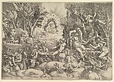 The Death of Procris; Cephalus mournig the death of Procris on the right surrounded by Cupid and mourning satyrs and nymphs, the goddess of dawn in her chariot in the background, Giorgio Ghisi Italian, Engraving; third state of ten (BLL)