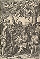 Rest on the Flight into Egypt; the Holy Family under a palm tree surrounded by angels, putti, and a male cleric or saint, Giorgio Ghisi Italian, Engraving; first state of five (BLL)