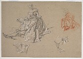 Studies of a Couple Seated on the Ground, Looking at a Songbook, Nicolas Lancret  French, Red, black, and white chalk on light gray-brown paper