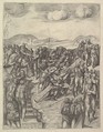 The Crucifixion of Saint Peter, after Michelangelo's frescoes in the Pauline Chapel, Vatican Palace, Michele Lucchese (Italian, active Rome, 1534–64), Etching and engraving