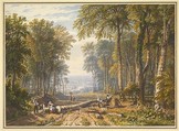 Woodcutters at Park Place, Henley, the river Thames beyond, William Havell  British, Graphite, watercolor and gouache (bodycolor) with gum arabic and scratching out