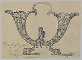 Design for a Double Horn-shaped Silver Dish with Dolphin Feet Adorned with a Putto, Anonymous, Czech, early 20th century  Czech, Ink and gouache on tracing paper