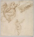 Figure Studies and an Entablature, Anonymous, Italian, Lombard, 16th century  Italian, Pen and brown ink