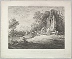 Wooded Landscape with a Peasant Reading a Tombstone, Rustic Lovers and a Ruined Church, Thomas Gainsborough  British, Soft-ground etching; third state