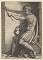 A Roman emperor sitting in a niche holding a sceptre in his raised left hand and a globe in his right hand, Marcantonio Raimondi  Italian, Etching and engraving