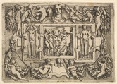 The Cumeaean sibyl walking to the right and carrying a tray, followed by three women, set within an elaborate frame, Battista Angolo del Moro  Italian, Etching