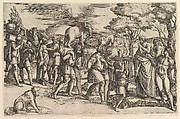 Melchizadek offering bread and wine to Abraham, Battista Franco  Italian, Etching and engraving; first state