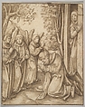Abraham and the Three Angels, Lucas Cranach the Elder  German, Pen and brown ink, brown wash; framing line in pen and brown ink, probably by the artist