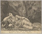 St. Mary Magdalen Reclining in a Grotto, Jean Ganier French, Engraving; reverse copy