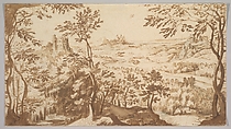 Panoramic Landscape with a Mill, a Castle and Mountains, Master of the Kurpfälzisches Skizzenbuch Flemish (?), Pen and brown ink, brush and brown wash; pen and brown ink (later addition)