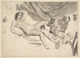 Allegorical Subject: Nude Woman, Three Children and a Mousetrap (La Sourcière), Claude Mellan  French, Engraving (burin and drypoint); second state of two (unfinished)