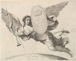 Fame Bearing a Shield with the Initial of Louis XIV (La Renommée volant), Claude Mellan  French, Engraving; fourth state of four