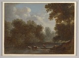 A wooded river landscape with a fisherman in a boat, Benjamin Barker, the younger British, Welsh, Oil on paper mounted on card