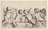 Three Cherubs and Two Boys on Clouds, Wenceslaus Hollar  Bohemian, Etching; first state of two