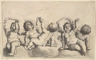 Three cherubs and two boys on clouds, each raising one arm, Wenceslaus Hollar  Bohemian, Etching, first state of two