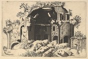 Horizontal Landscape with the remains of the Nymphaeum, mistakenly identified as the Temple of Minerva Medica in Rome, from the series 'Ruinarum variarum fabricarum delineationes pictoribus caeterisque id genus artificibus multum utiles', Lambert Suavius  Netherlandish, Etching