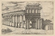 The Amphitheater in Bordeaux [Teatrum Bordeos; Transitorium Caesaris], from the series 'Ruinarum variarum fabricarum delineationes pictoribus caeterisque id genus artificibus multum utiles', Lambert Suavius  Netherlandish, Etching