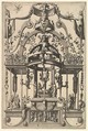 Surface Decoration, Grotesque with Strapwork, Burial Scene in the Tempietto, in the Bas Relief Esther before Ahasuerus from Veelderleij Veranderinghe van grotissen ende Compertimenten...Libro Primo, Cornelis Floris II Netherlandish, Etching