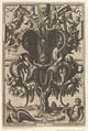 Auricular Cartouche with Figures within a Strapwork Frame from Veederley Veranderinghe van grotissen ende Compertimenten. Libro Primo, Cornelis Floris II Netherlandish, Etching