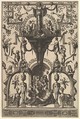 Surface Decoration, Grotesque with Strapwork, Including a Wall Niche under a Strapwork Canopy, Bacchic Scene below from Veelderleij Veranderinghe van grotissen ende Compertimenten...Libro Primo, Johannes van Doetecum I Netherlandish, Etching