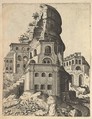 Vertical Landscape with the Ruins of the Temple of Venus and Roma, from the series 'Ruinarum variarum fabricarum delineationes pictoribus caeterisque id genus artificibus multum utiles', Lambert Suavius  Netherlandish, Etching