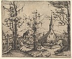 Landscape with Four Trees and a Church at Right, Augustin Hirschvogel German, Etching