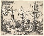 Landscape with Four Trees and a Church at Right (counterproof), Augustin Hirschvogel German, Etching; counterproof