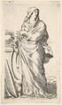 Robed woman standing next to a plinth, her right hand bears a palm branch, a harp rests against the plinth, Claude Mellan  French, Engraving