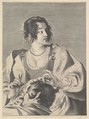 Delilah preparing to cut Samson's hair with scissors in her right hand, below her chest are the head and shoulders of the sleeping Samson, Nicolas Viennot, Engraving