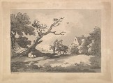 Landscape with Figures on Horseback, Another Resting Under a Gnarled Tree, and a Cottage at Right Nestled in Trees, Thomas Rowlandson British, Soft-ground etching and aquatint