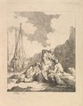 Fishermen by the Shore – Coastal Scene with a Man Sitting on the Ground Resting an Elbow on a Fishing Basket, Another Man Opposite Mending a Sail, and a Woman Standing Between Them Carrying a Basket on Her Back, Thomas Rowlandson  British, Etching