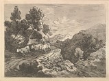 Landscape with a Figure Herding Cattle Along a Road Beside a Cottage, a Hillside at Left, a Forest in the Valley Below at Right, Thomas Rowlandson British, Aquatint and soft-ground etching