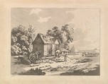 Landscape with Figures Storing Hay in a Barn, a Cart and Horse Lying Down at Left, Thomas Rowlandson British, Soft-ground etching and aquatint
