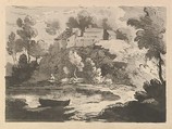 Hilly River Landscape, a Boat in the Water at Foreground Left, a Figure on the Far Shore, Houses on a Wooded Hill Beyond, Thomas Rowlandson British, Soft-ground etching and aquatint