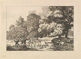 Deer Hunting – A Landscape Scene with Stag and Hounds in a River, Thomas Rowlandson British, Etching