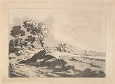 Open Landscape with Three Horsemen in the Middle Distance Heading to the Right, Windblown Trees at Left, Thomas Rowlandson British, Soft-ground etching and aquatint