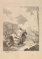 Fishermen by the Shore – Coastal Scene with a Man Sitting on Rocks and Smoking a Pipe, Next to a Standing Young Woman, with a Second Woman Behind, Thomas Rowlandson  British, Etching