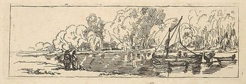 River or Pond Scene: a Sailboat and Dinghy with Figures on the Near Bank, Thomas Rowlandson British, Etching