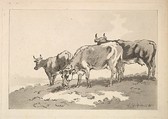 Three Cows Standing on the Ridge of a Field, Thomas Rowlandson  British, Soft-ground etching and aquatint