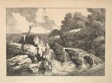 Landscape with Two Fishermen Climbing Rocks Next to a Waterfall, Thomas Rowlandson  British, Etching