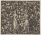 Ornament Print with Schweifwerk and Two (Allegorical?) Figures, Esaias von Hulsen  Netherlandish, Blackwork engraving