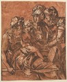 Holy Family, Master ND  Italian, Chiaroscuro woodcut from three blocks in red