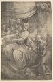 The Holy Family, an angel holding flowers approaching from the right, Andrea Schiavone (Andrea Meldola) Italian, Etching with plate tone