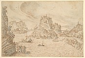 A Rocky Estuary with Ships and Hill Towns, Hendrik van Cleve Netherlandish, Pen and brown ink, blue wash; framing line in pen and brown ink, probably by the artist
